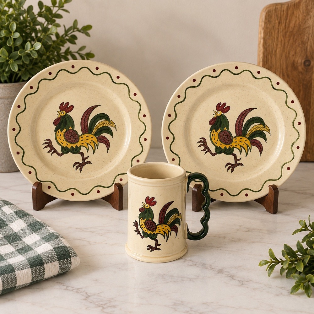 Vintage Metlox Poppytrail California Provincial Rooster 3pc Set Farm House Decor